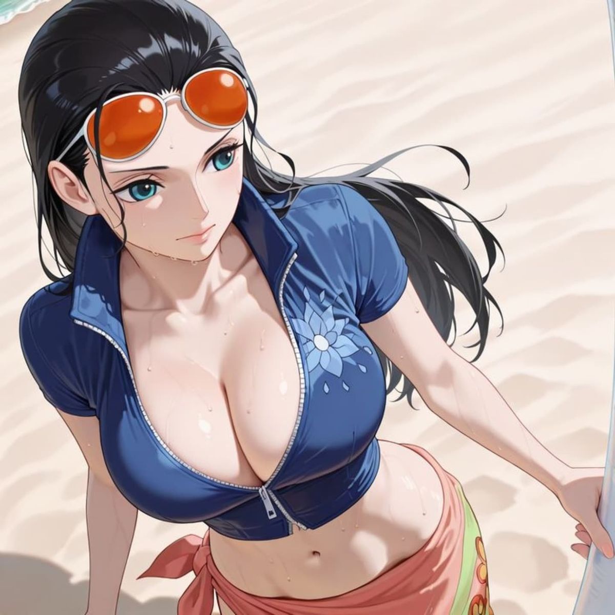 Nico Robin with a purple flower in her hair, AI character from One Piece