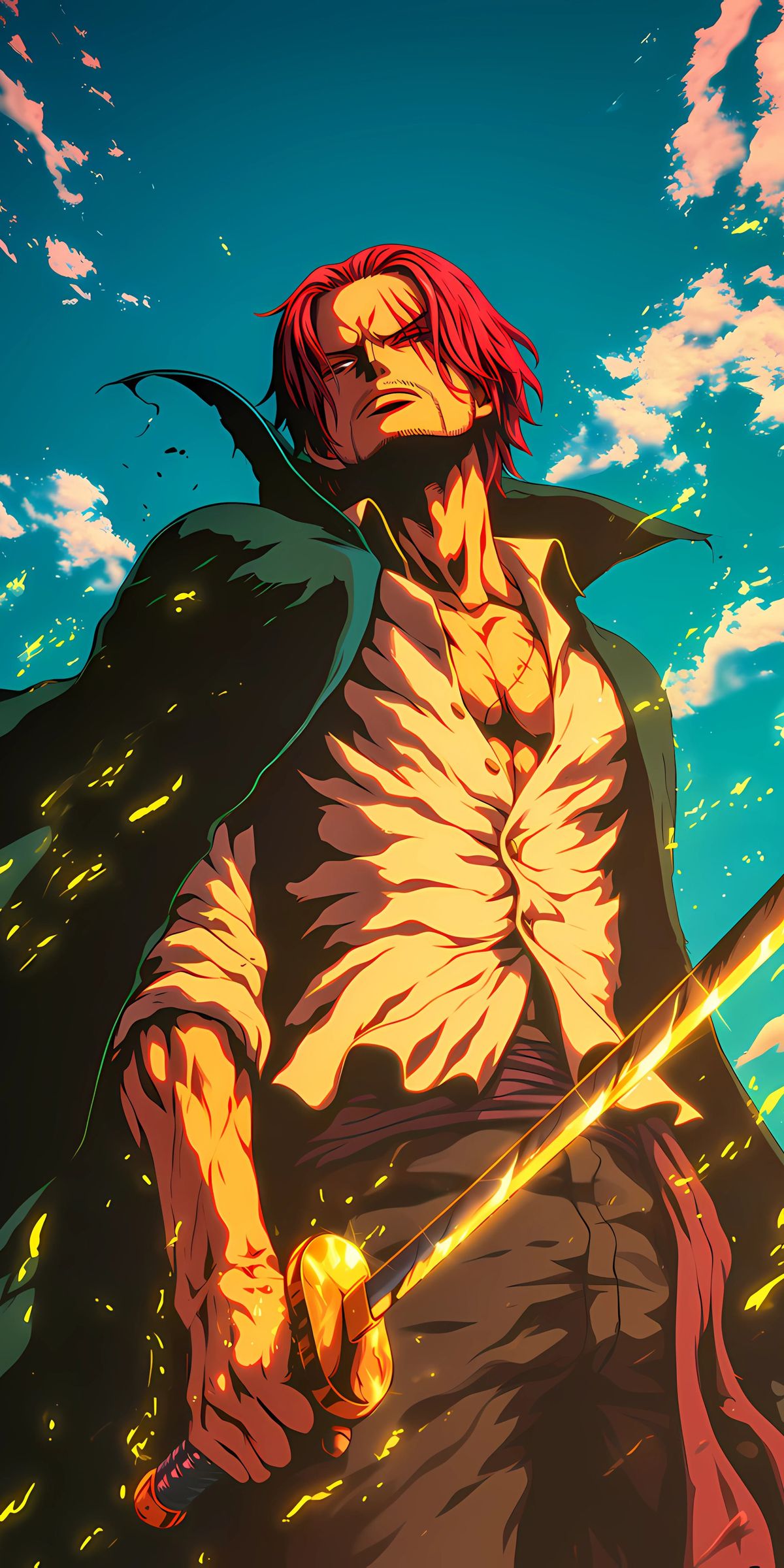 Shanks with red hair and a black cape, pirate AI character from One Piece