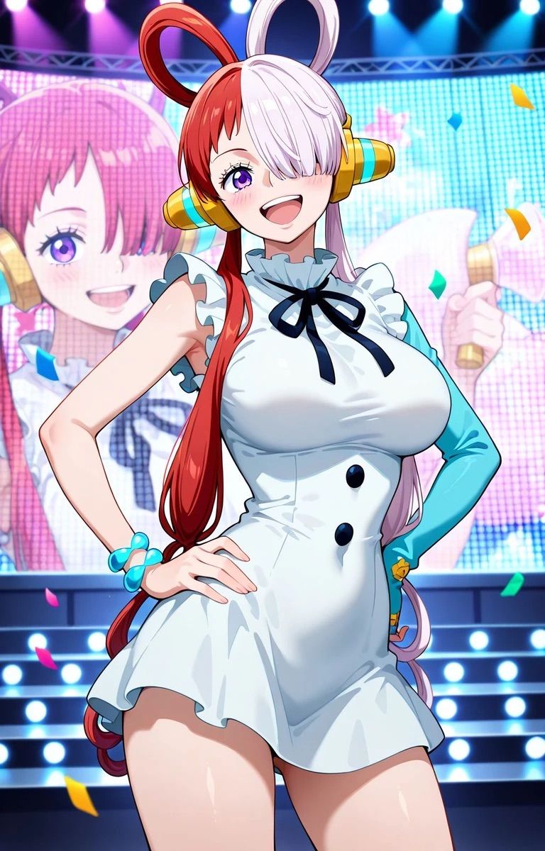 Uta with pink hair and a red dress, singer AI character from One Piece