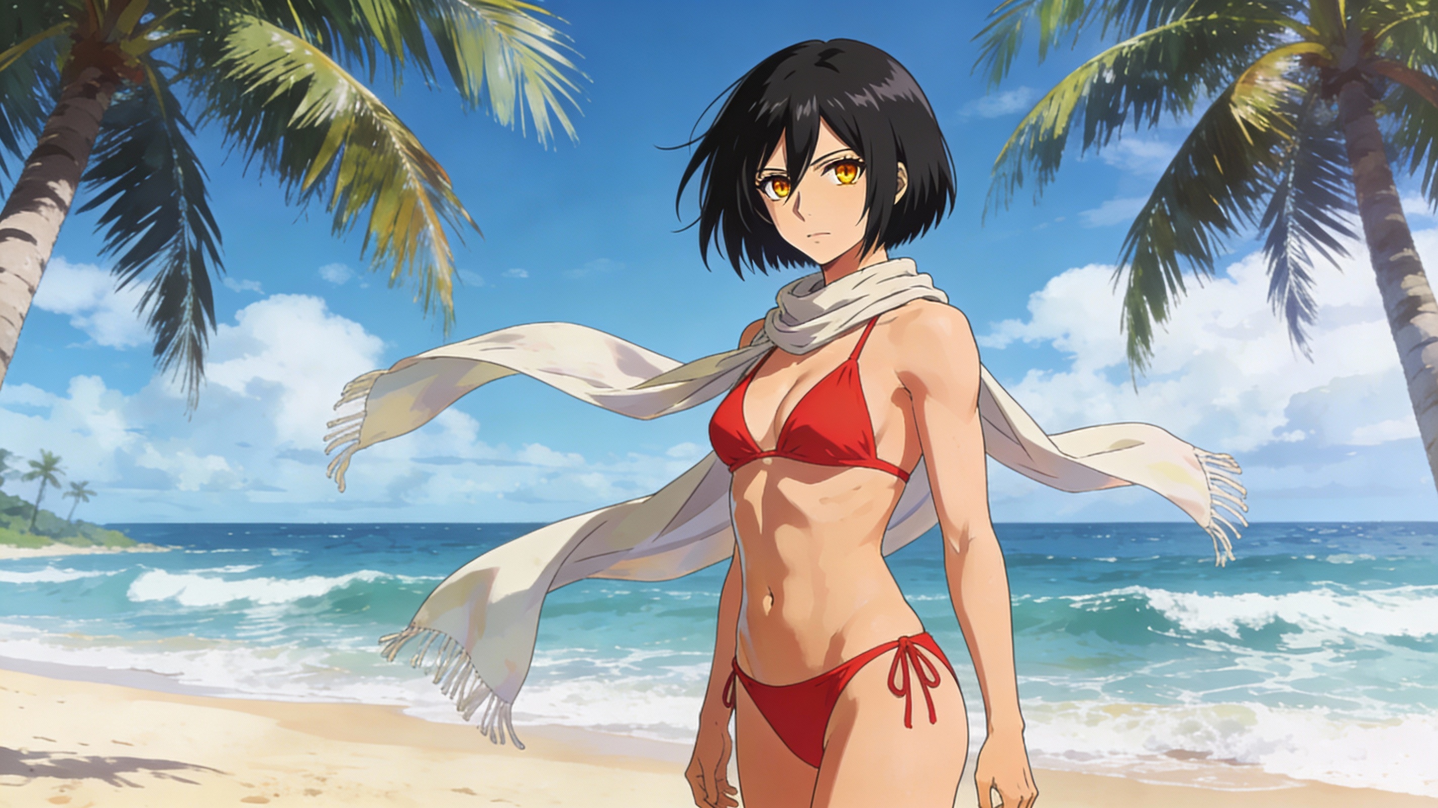 Mikasa Ackerman with her scarf on a beach, AI character from Attack on Titan