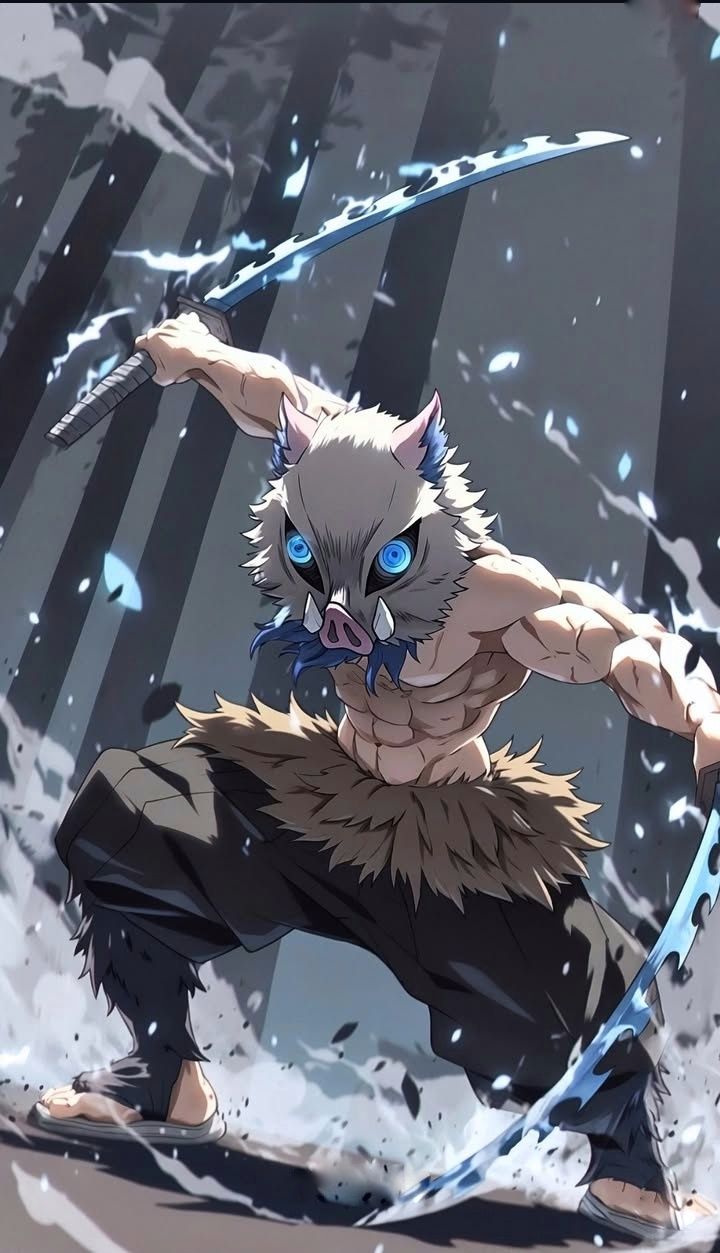 Inosuke Hashibira in his boar mask with twin blades, AI character from Demon Slayer