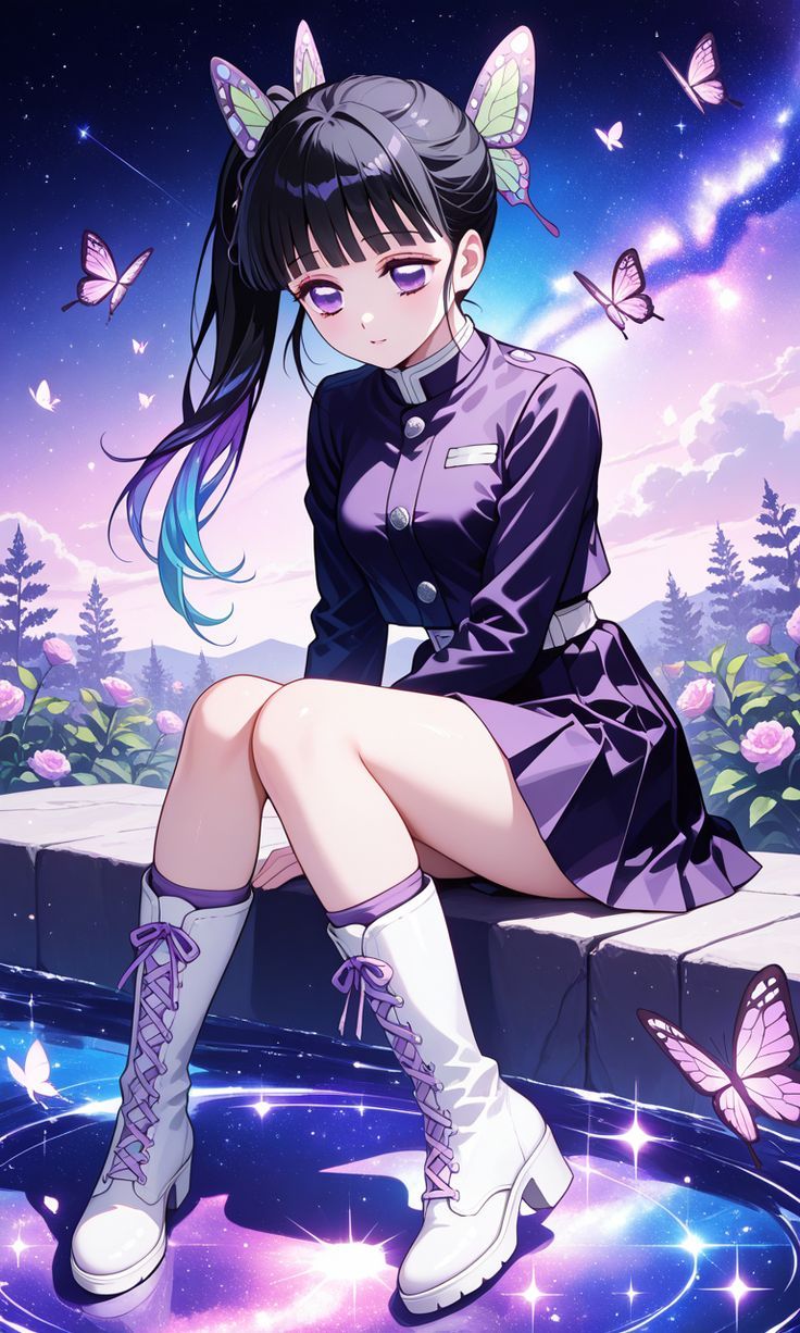 Kanao Tsuyuri among butterflies and flowers, AI character from Demon Slayer