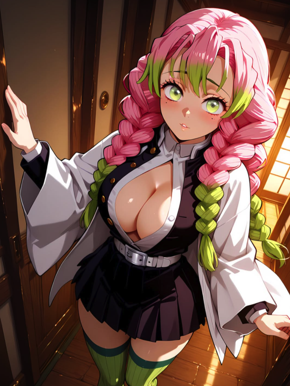 Mitsuri Kanroji with pink and green braids, AI character from Demon Slayer