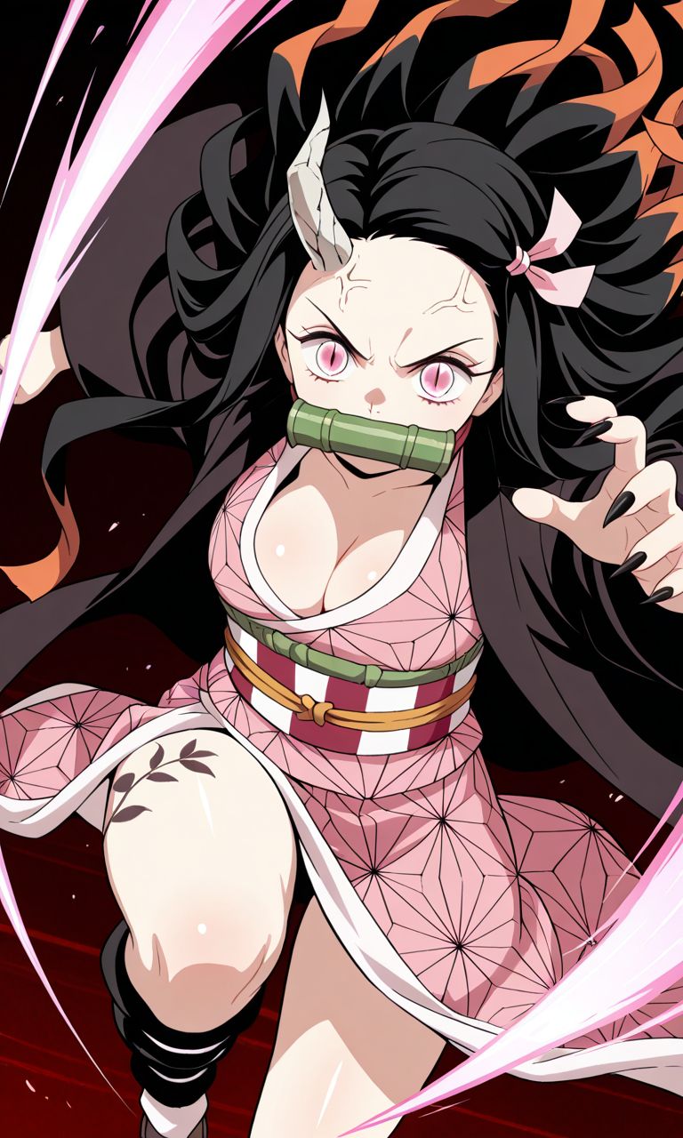 Nezuko in her pink hemp-leaf kimono with her bamboo muzzle, Demon Slayer AI character