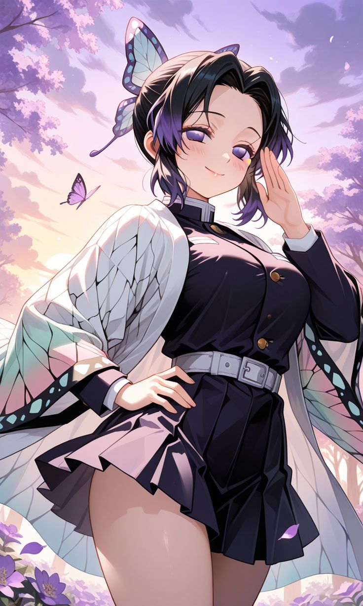 Shinobu Kocho with a butterfly hairpin and purple eyes, AI character from Demon Slayer