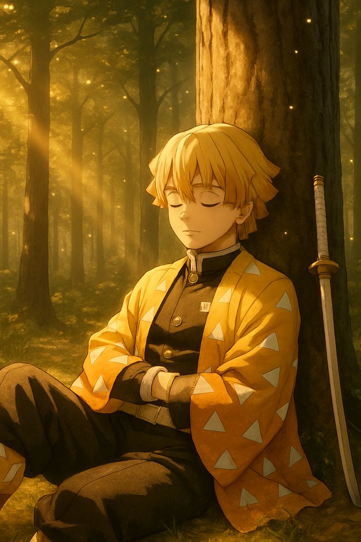 Zenitsu Agatsuma in his yellow triangle haori, resting against a tree, Demon Slayer AI character
