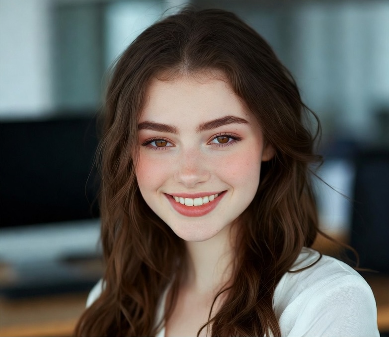 Emily at her cubicle in the marketing office, AI character