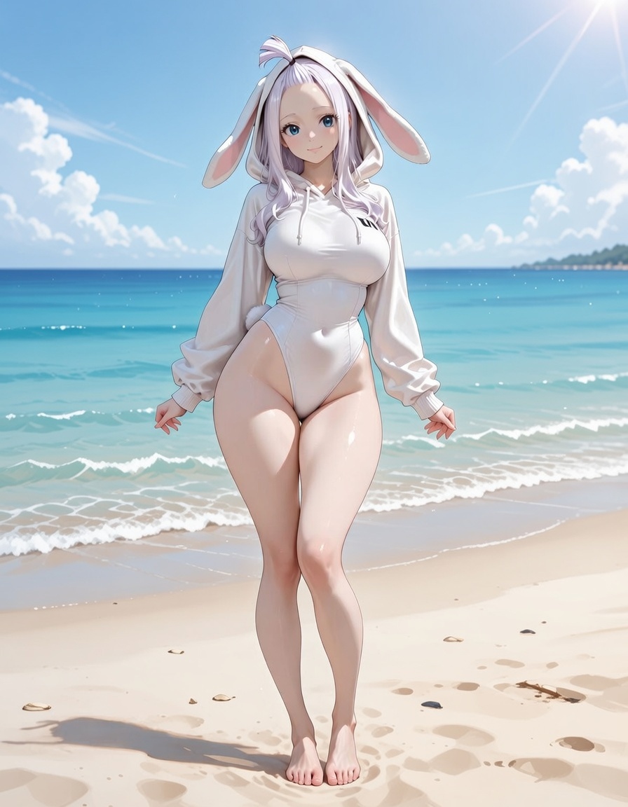 Mirajane Strauss in a bunny-eared hoodie on a beach, AI character from Fairy Tail