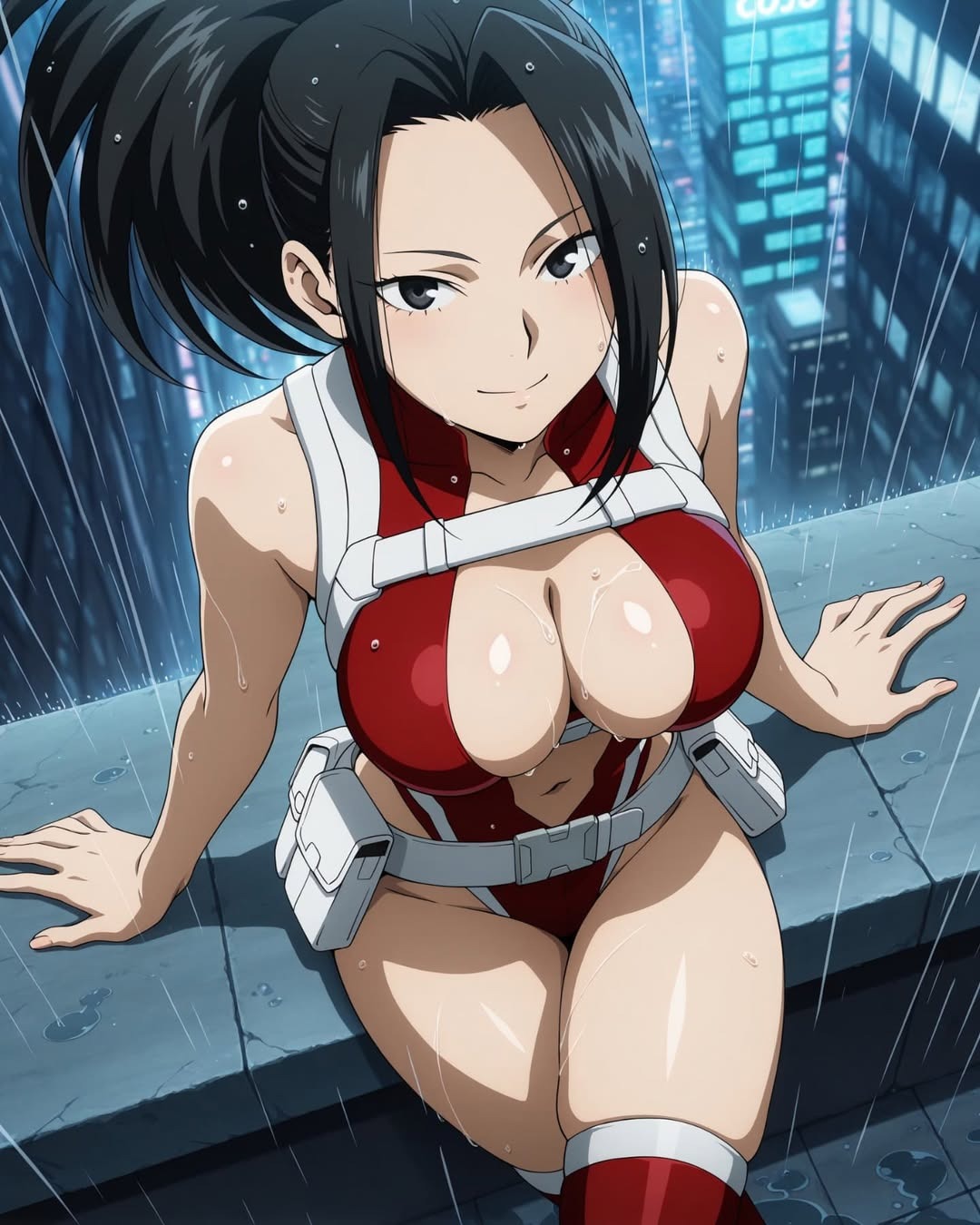 Momo Yaoyorozu in her red hero costume, AI character from My Hero Academia