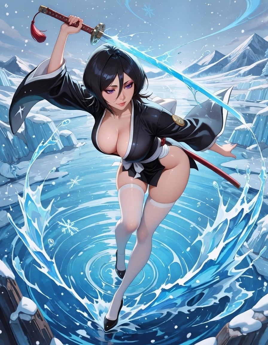 Rukia Kuchiki with her sword in the snow, AI character from Bleach