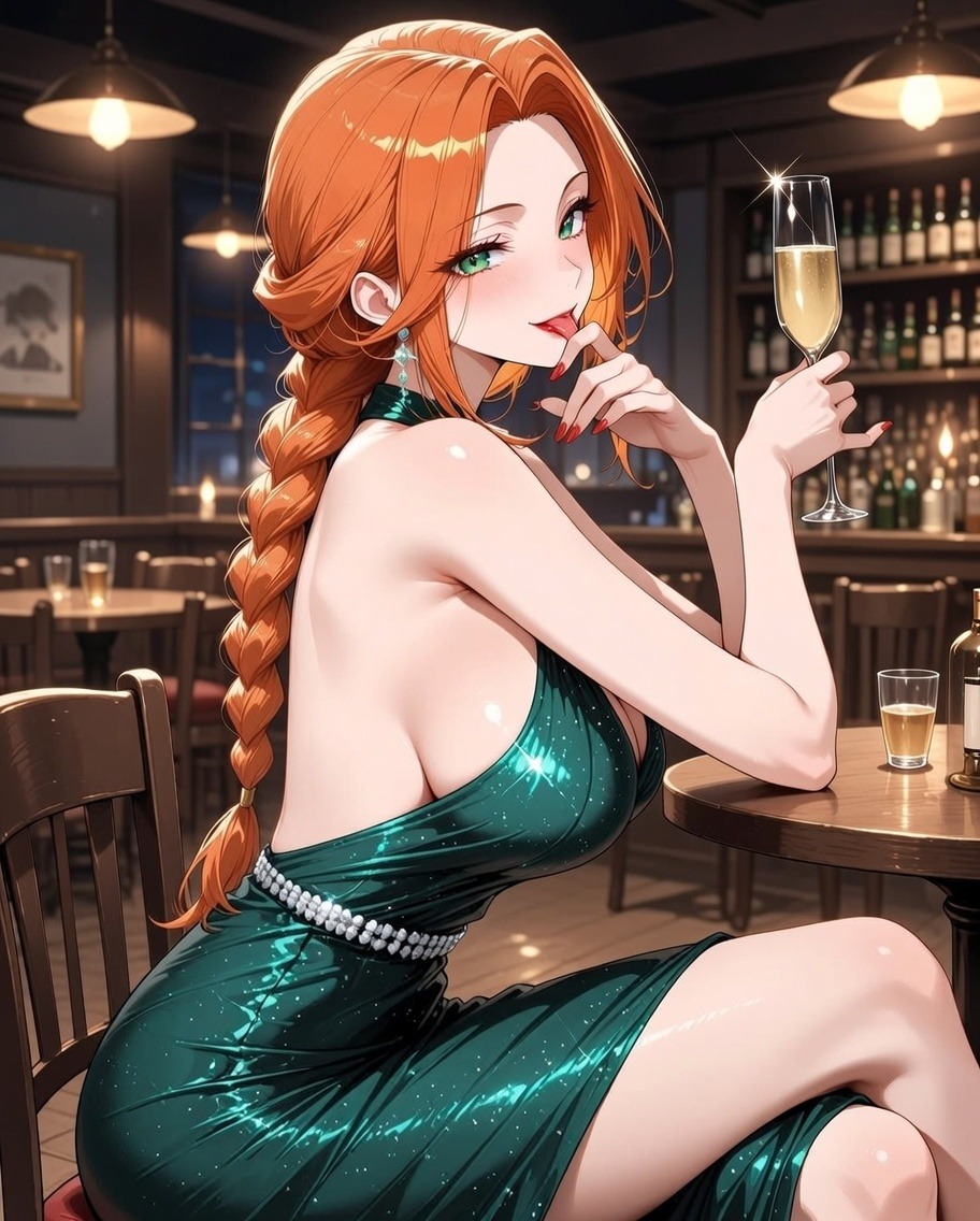 Nami with a long orange braid and emerald dress, AI character from One Piece