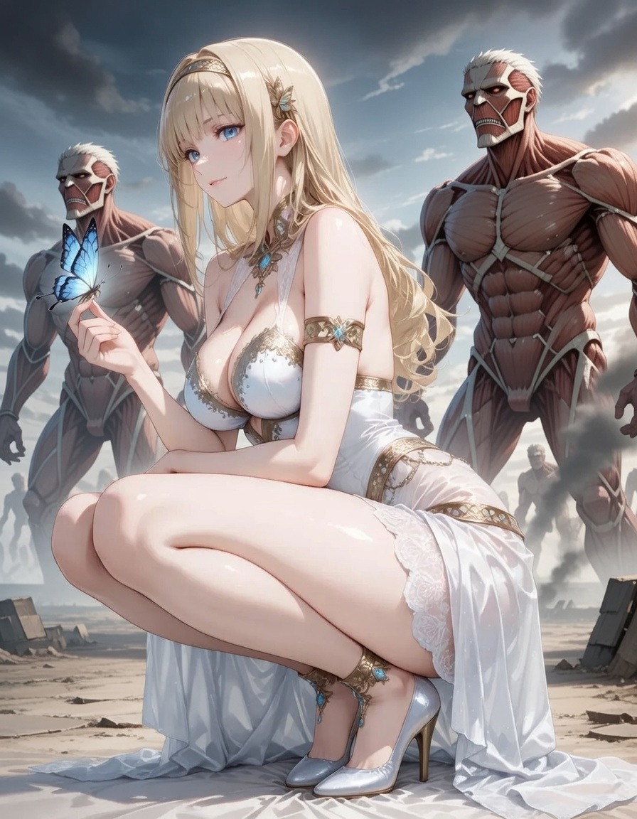 Ymir Fritz with golden hair and a butterfly, AI character from Attack on Titan
