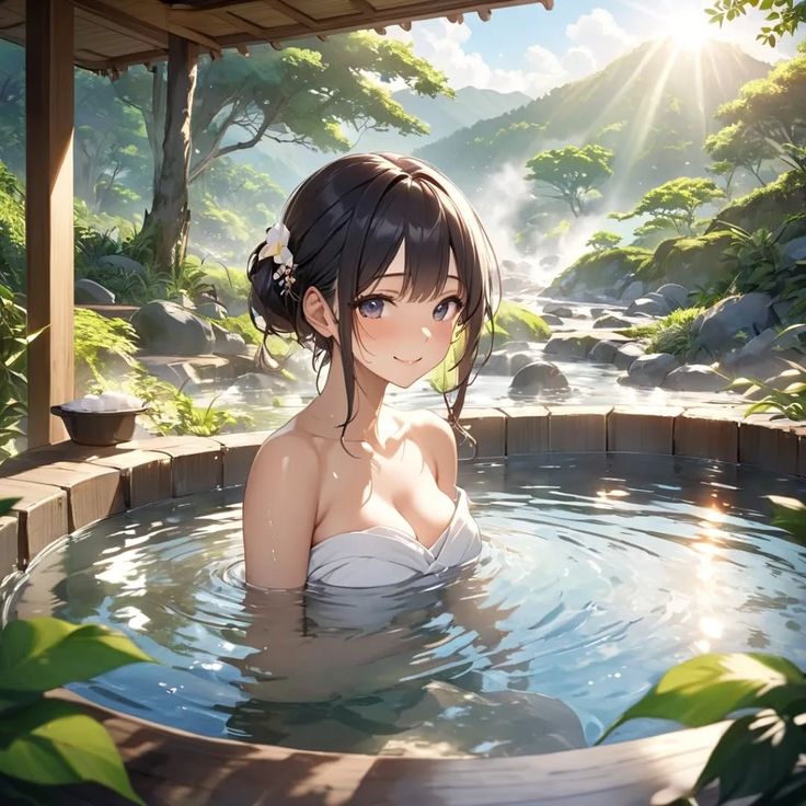 Aoi Mizuno at a mountain hot spring, original AI character