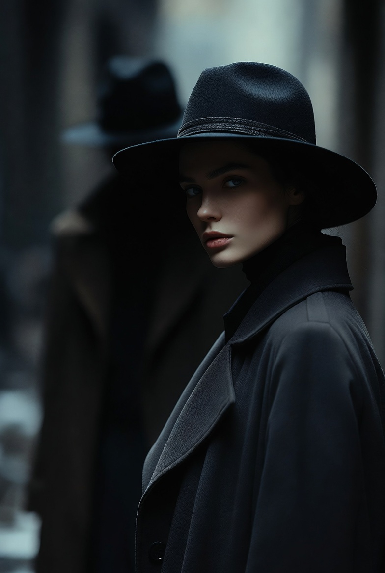 Detective Kara, noir private eye AI character in a rainy city