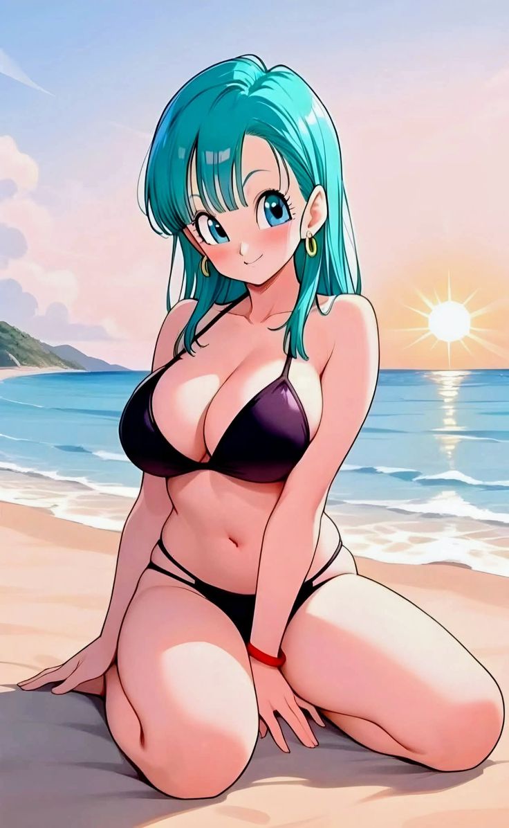 Bulma Brief on a tropical beach, AI character from Dragon Ball