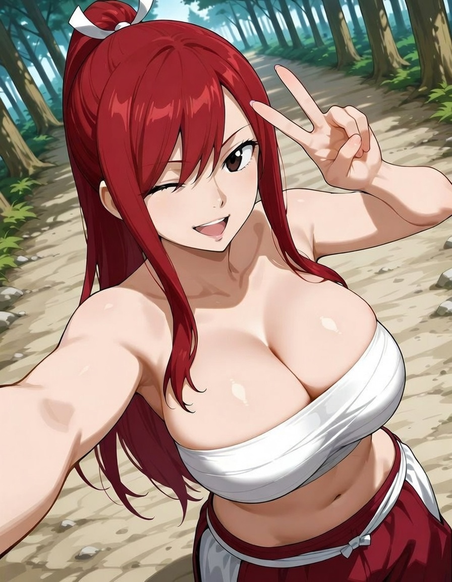 Erza Scarlet with a scarlet ponytail in a sunny forest, AI character from Fairy Tail