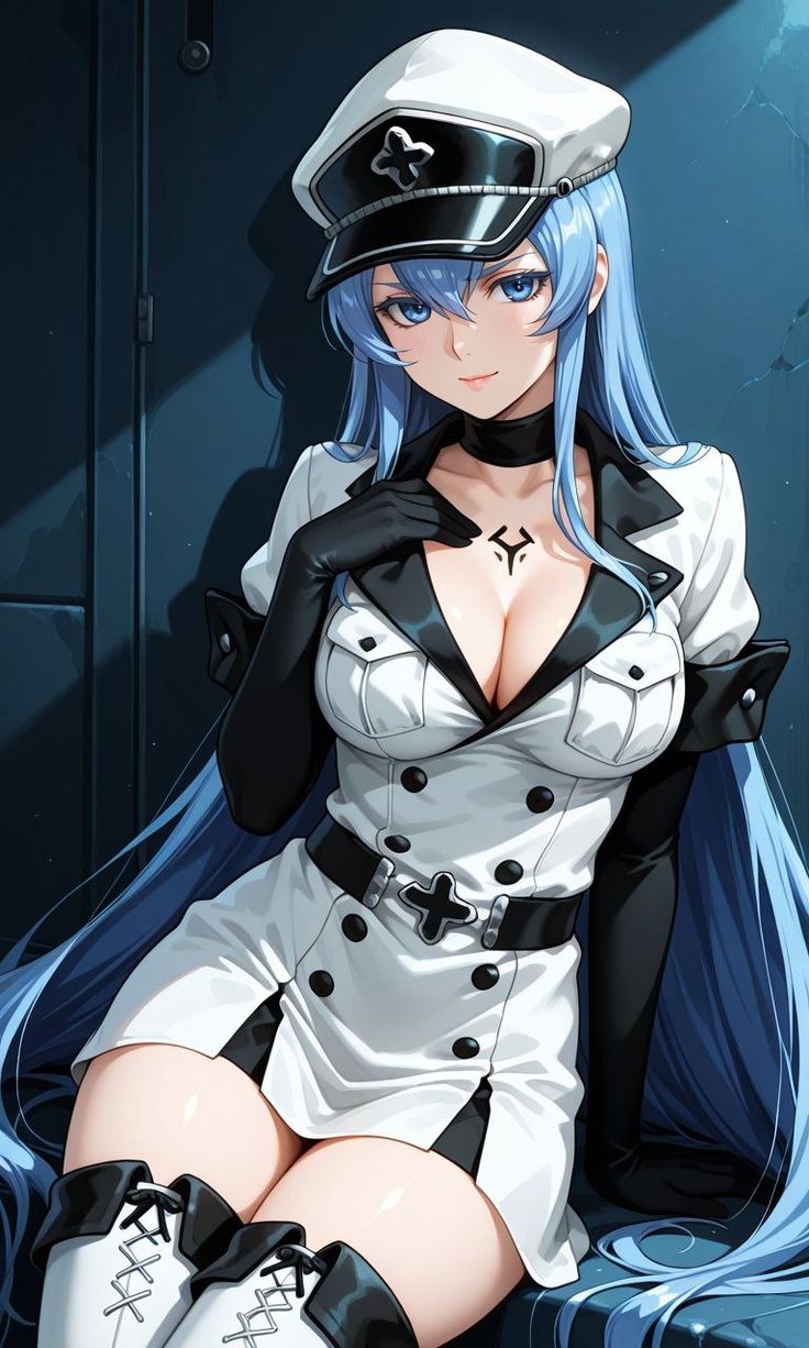 Esdeath with long light-blue hair on a frozen beach, AI character from Akame ga Kill!