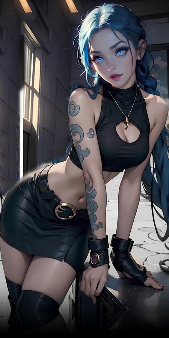 Jinx with long blue braids and tattoos, AI character from Arcane