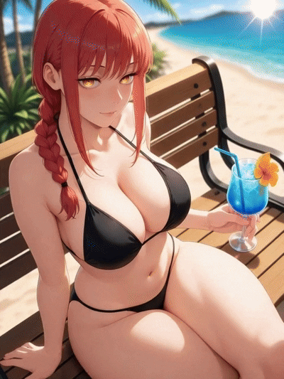 Makima with a red braid at a tropical resort, AI character from Chainsaw Man