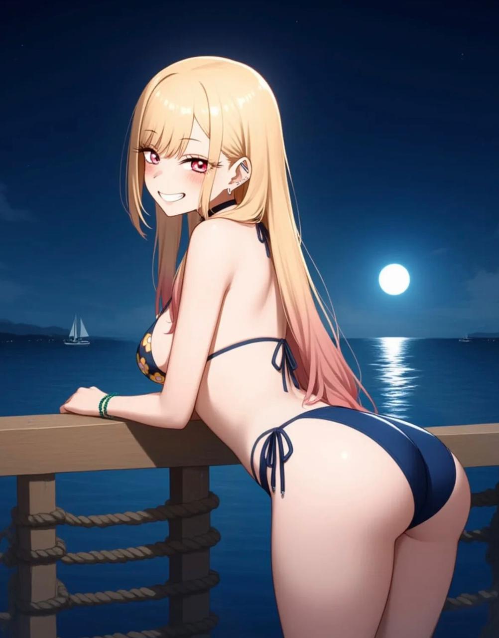 Marin Kitagawa on a moonlit pier, AI character from My Dress-Up Darling