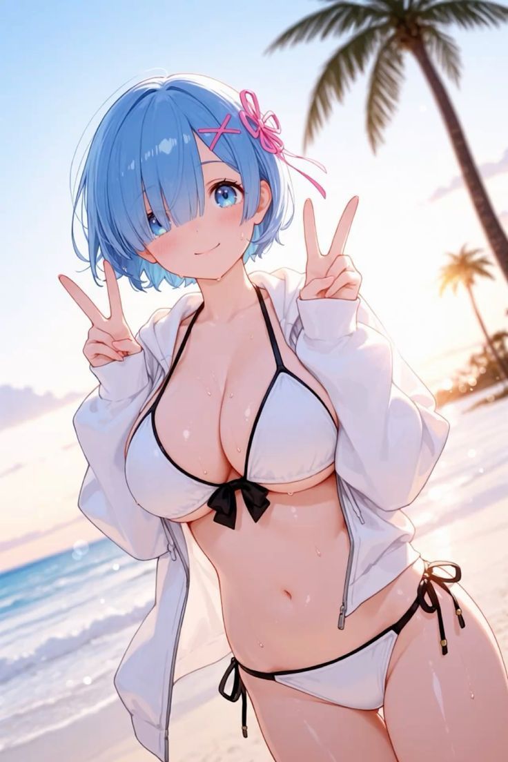 Rem waving on the beach at sunset, AI character from Re:Zero