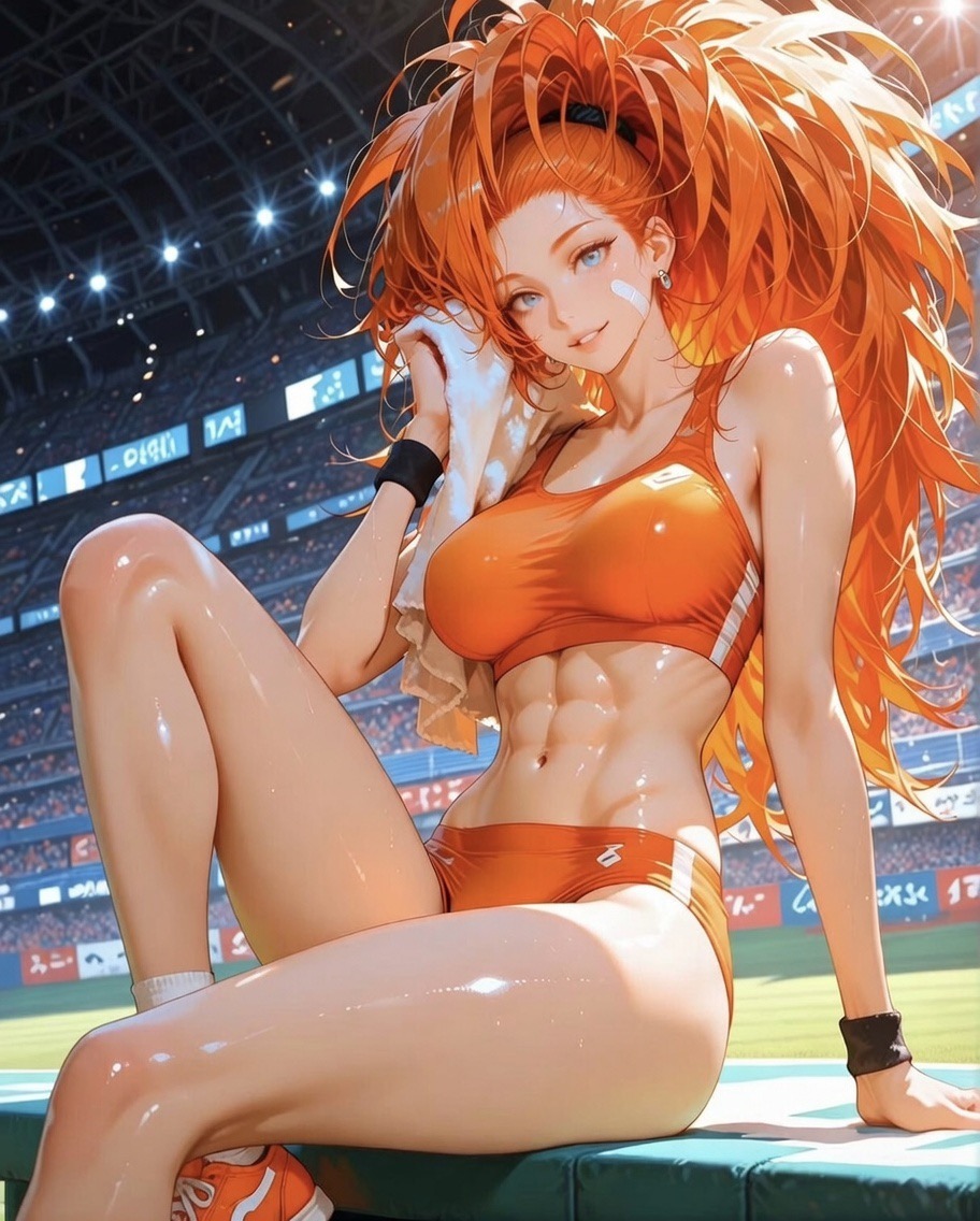 Captain Mizuki with a dark-blue ponytail in gym wear, AI character