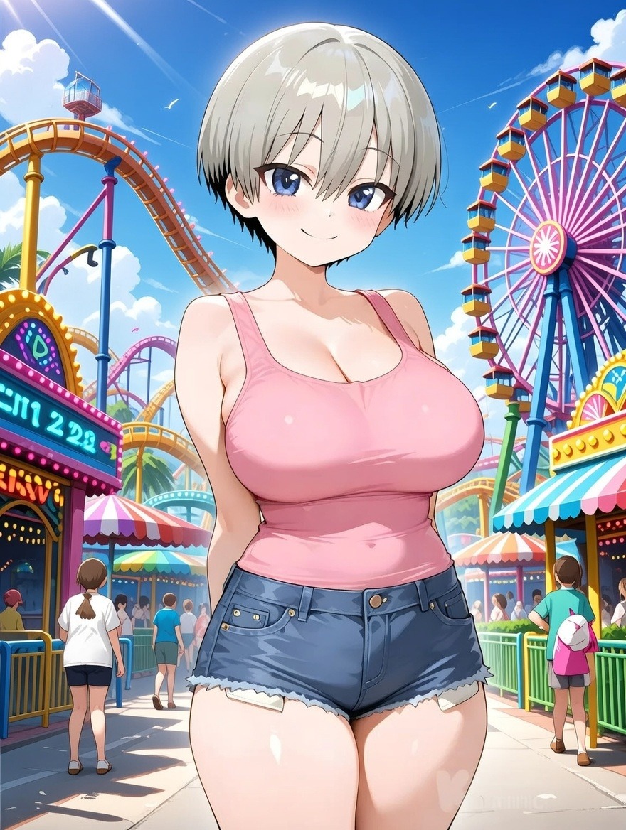 Mika Hoshizora at a summer amusement park, anime AI character
