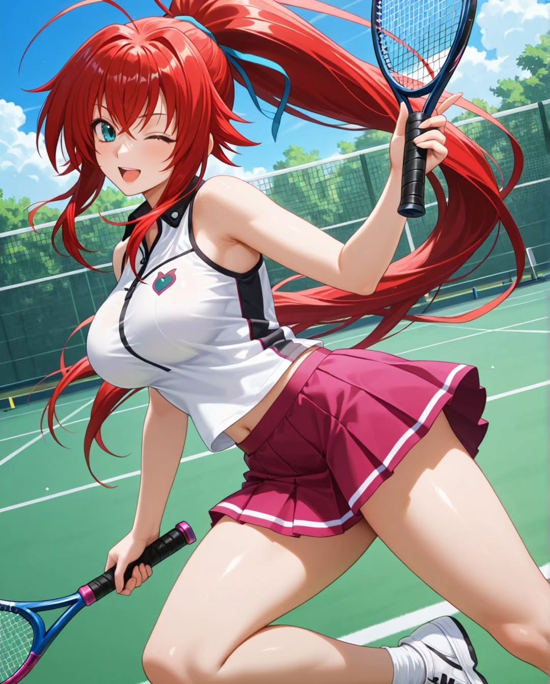 Rias Gremory with crimson hair and a tennis racket, AI character from High School DxD