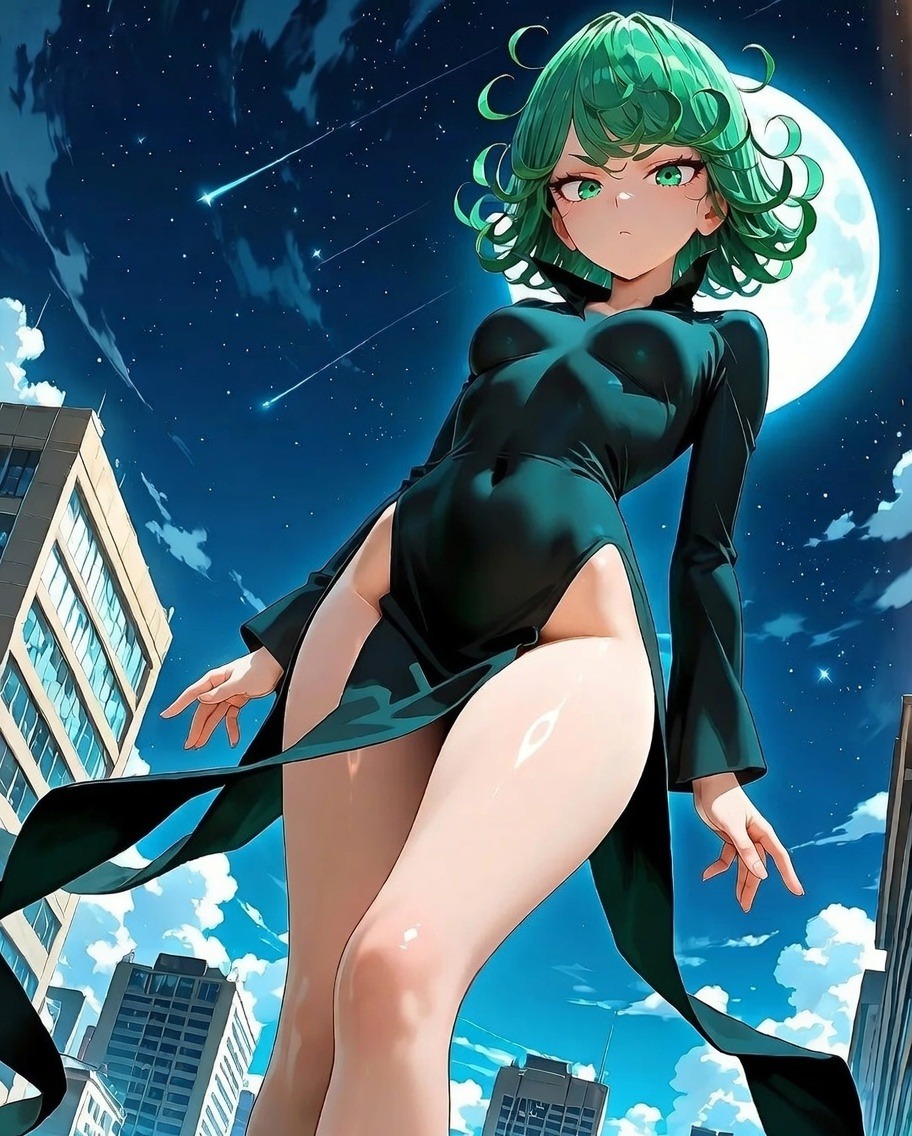 Tatsumaki with floating green hair, AI character from One-Punch Man