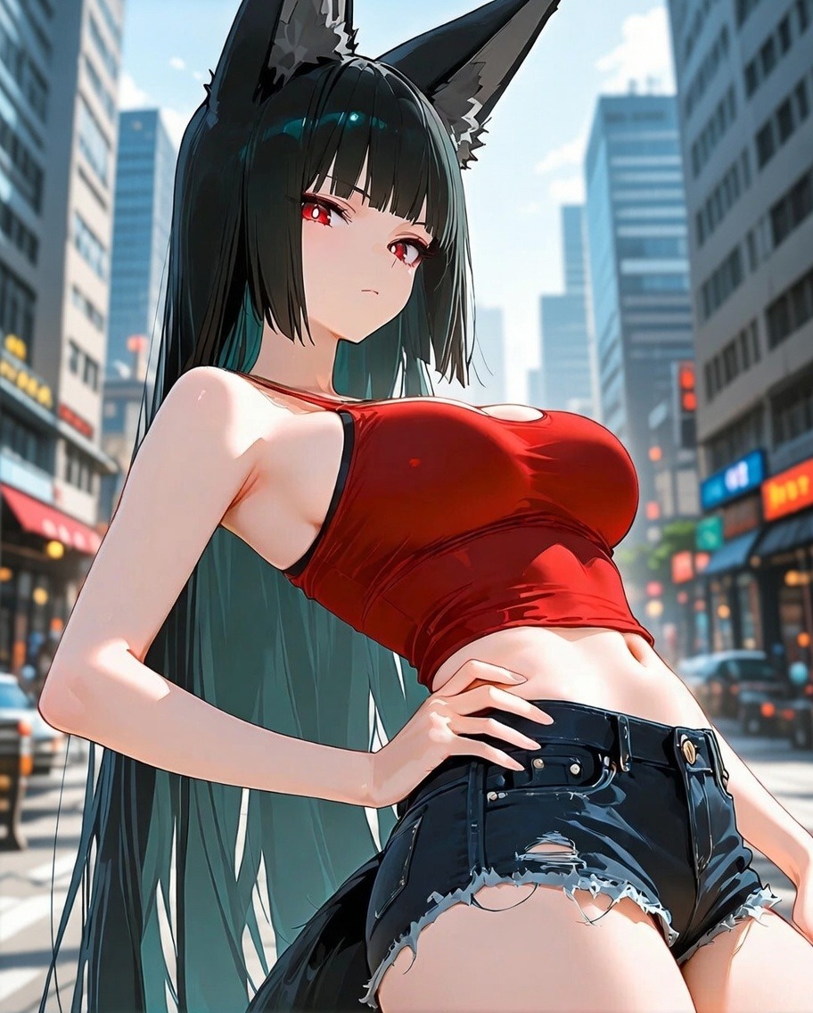 Yumi Kurogane on a neon city rooftop, half-yokai AI character