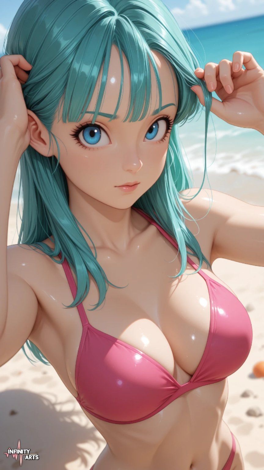 Bulma with her blue ponytail at the beach, AI character from Dragon Ball