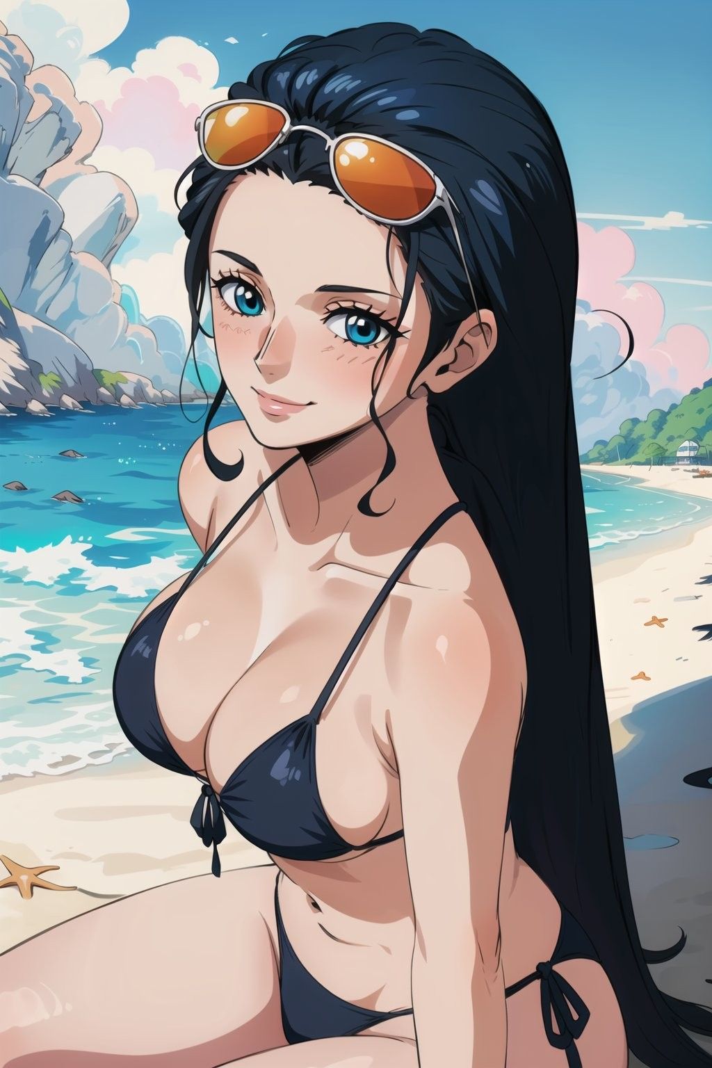 Nico Robin in sunglasses on the beach, AI character from One Piece