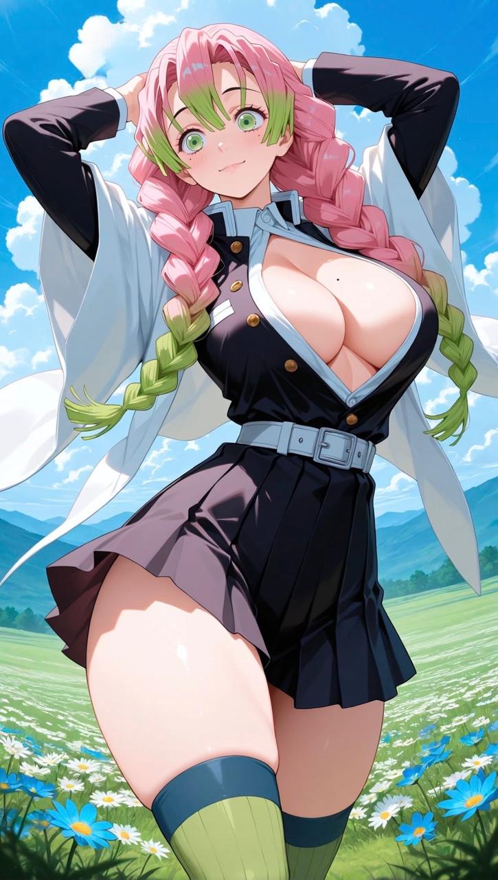 Mitsuri with long pink-and-lime braids, AI character from Demon Slayer