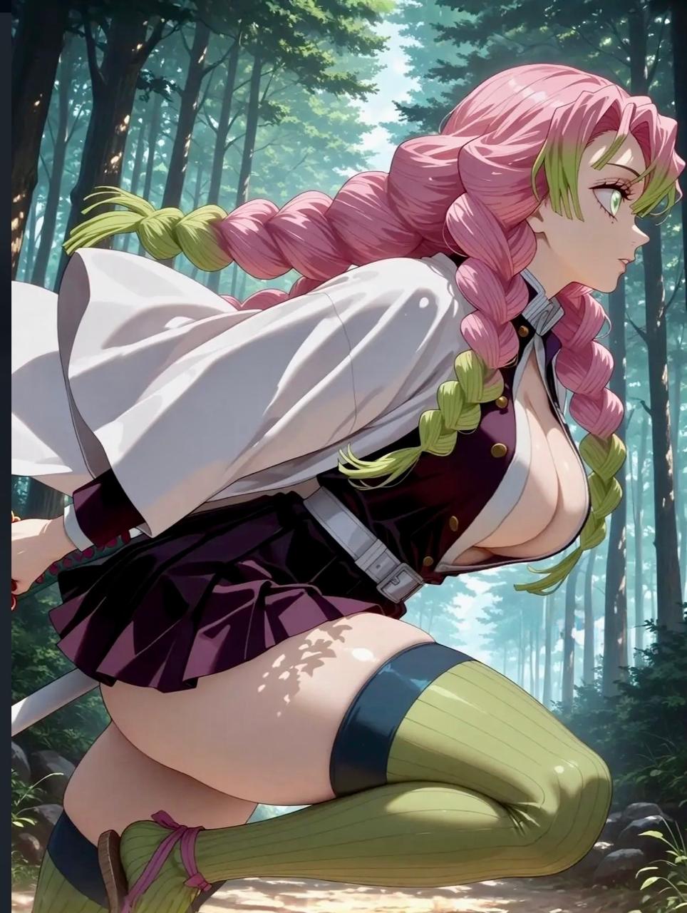 Mitsuri with braided pink and lime hair, AI character from Demon Slayer
