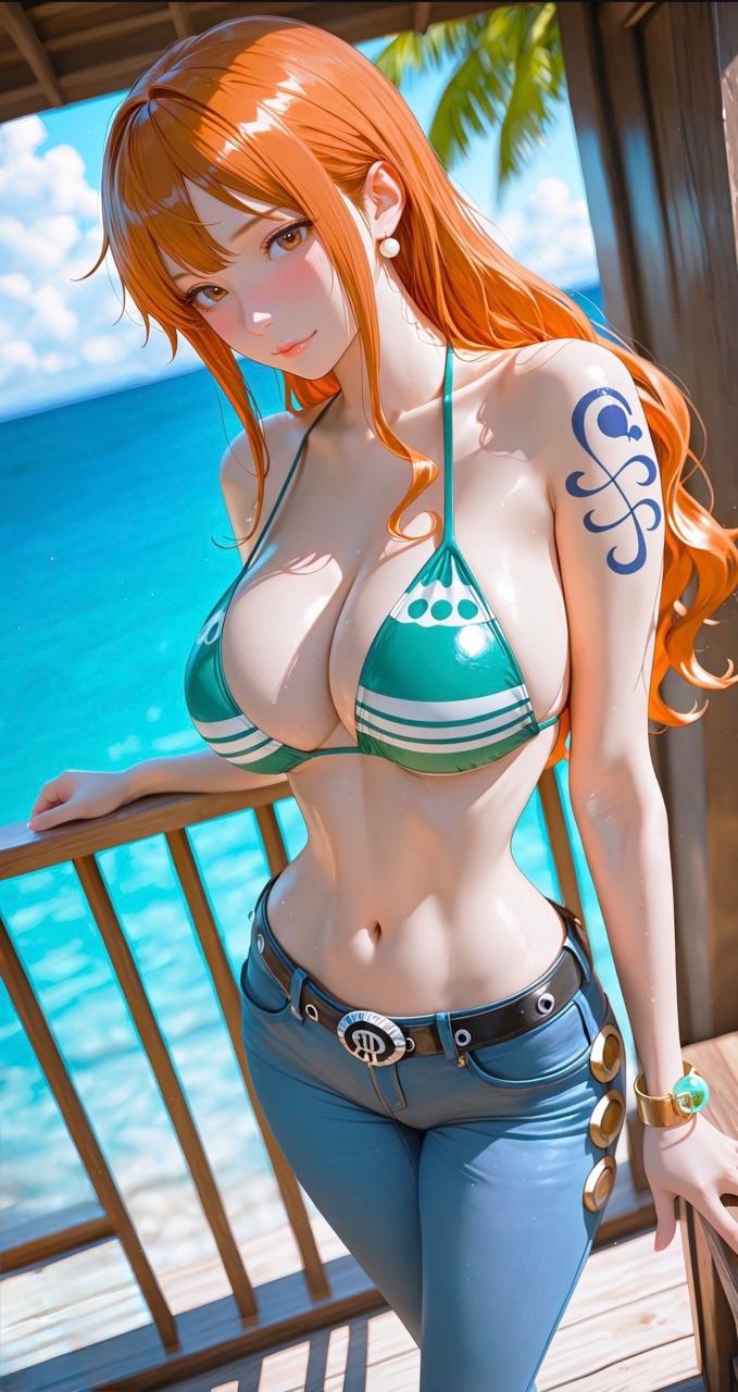 Nami with orange hair and her Clima-Tact staff, AI character from One Piece