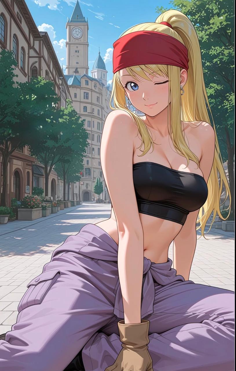 Winry Rockbell with blonde hair and tool belt, AI character from Fullmetal Alchemist