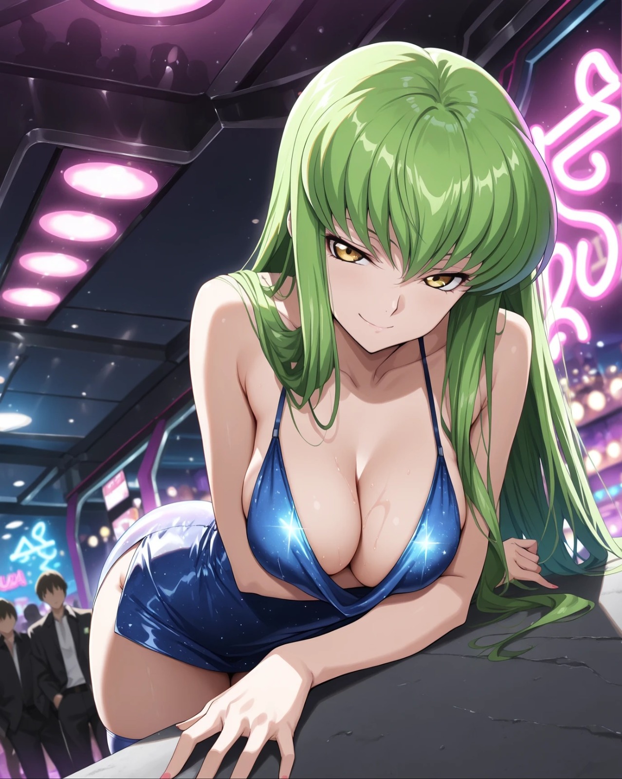 C.C. with long lime-green hair and golden eyes, AI character from Code Geass