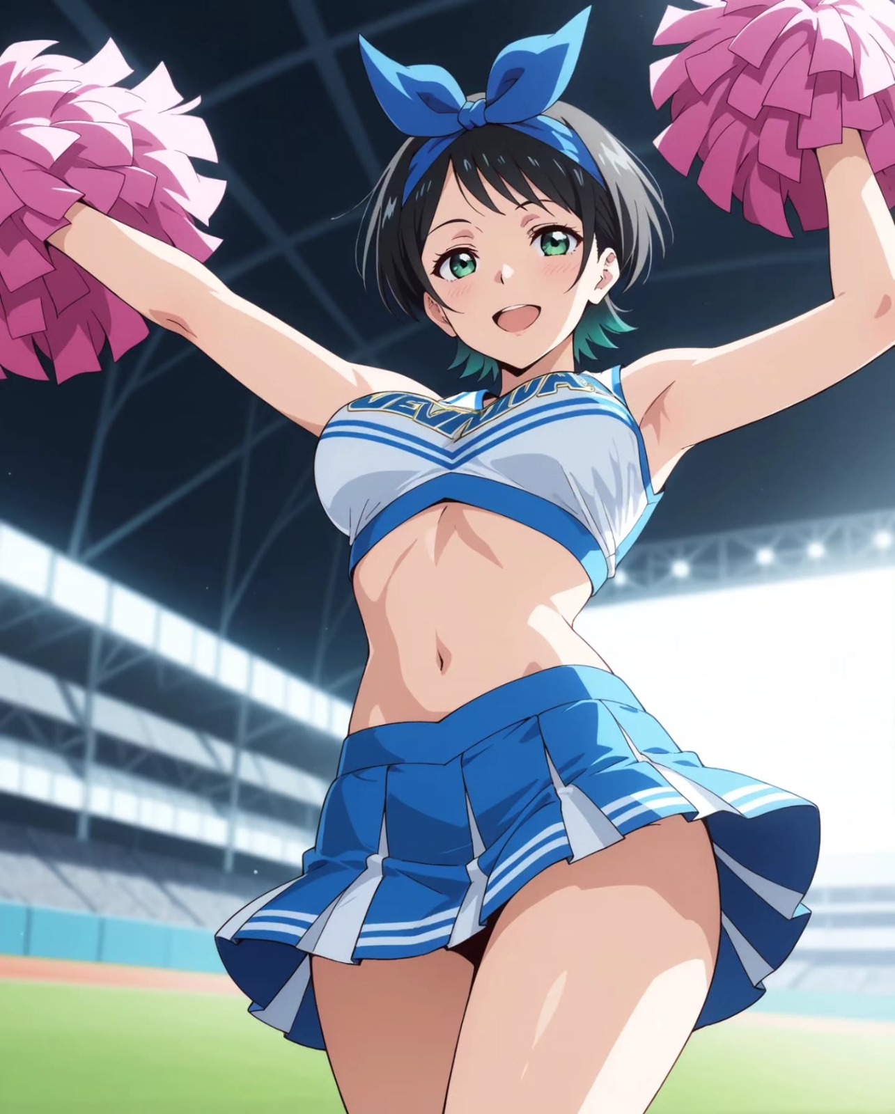 Ruka Sarashina in a blue cheer uniform with pom-poms, AI character from Rent-A-Girlfriend