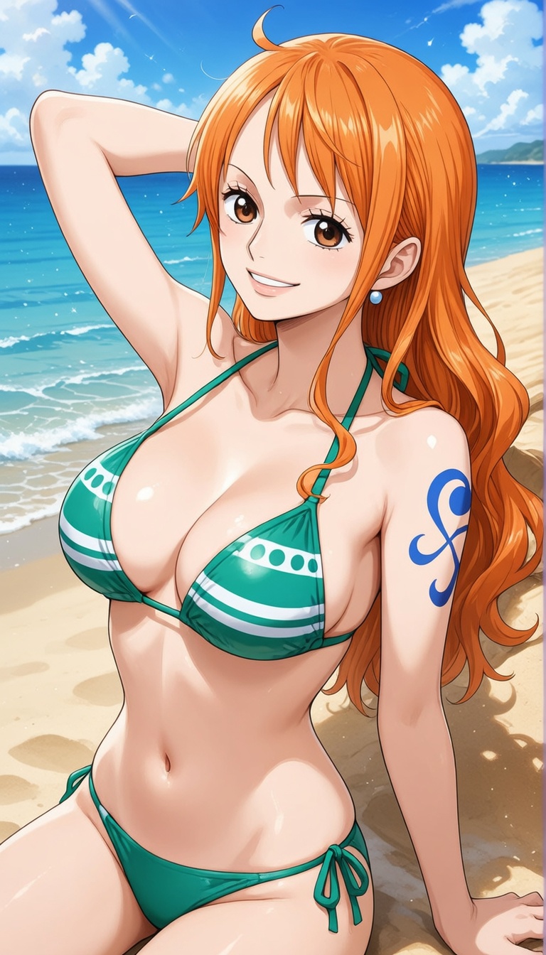Nami from One Piece leaning back on warm sand, gazing at the horizon with a sly smile