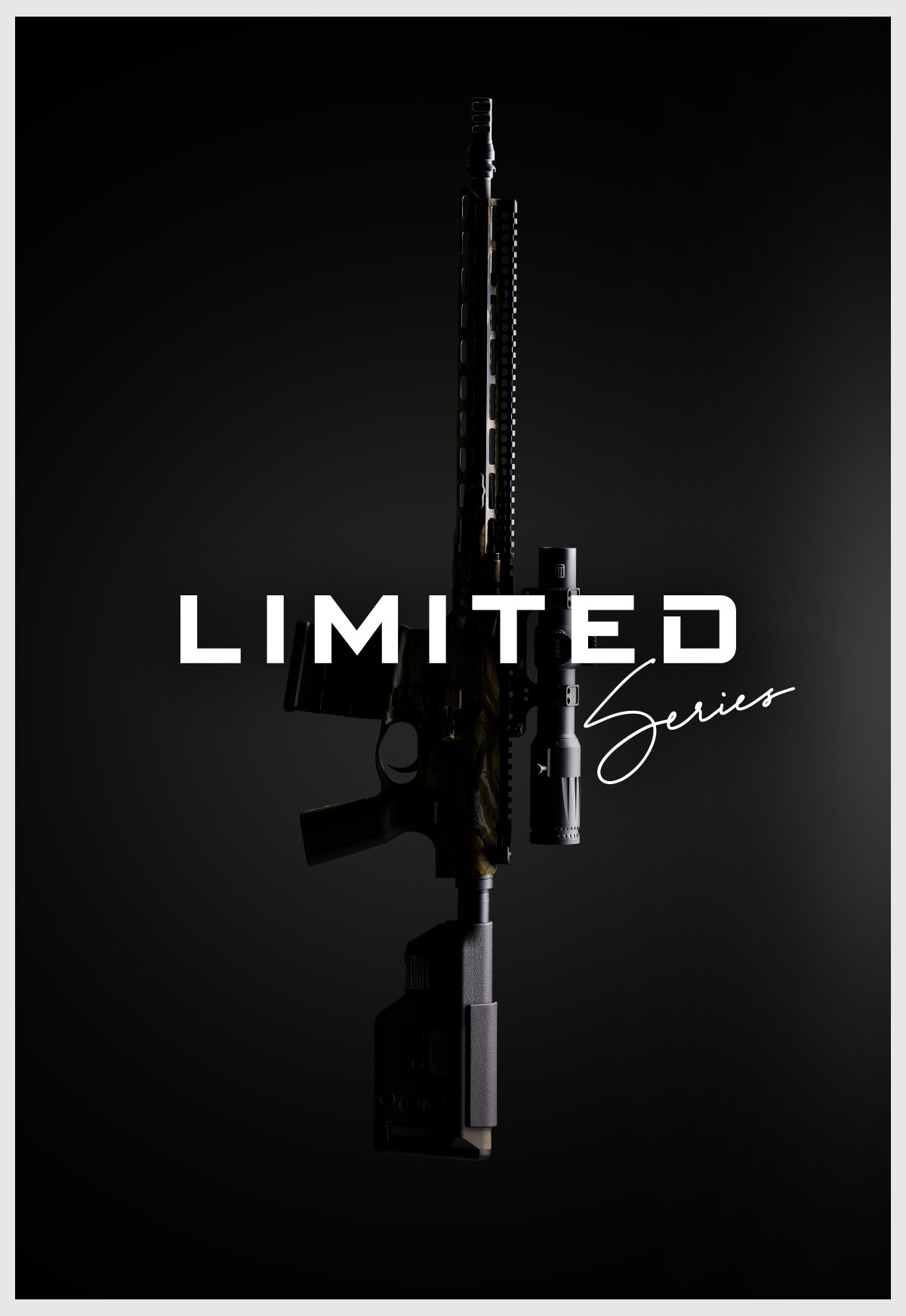 A silhouette of a rifle on a black background with the limited series logo overlaid.