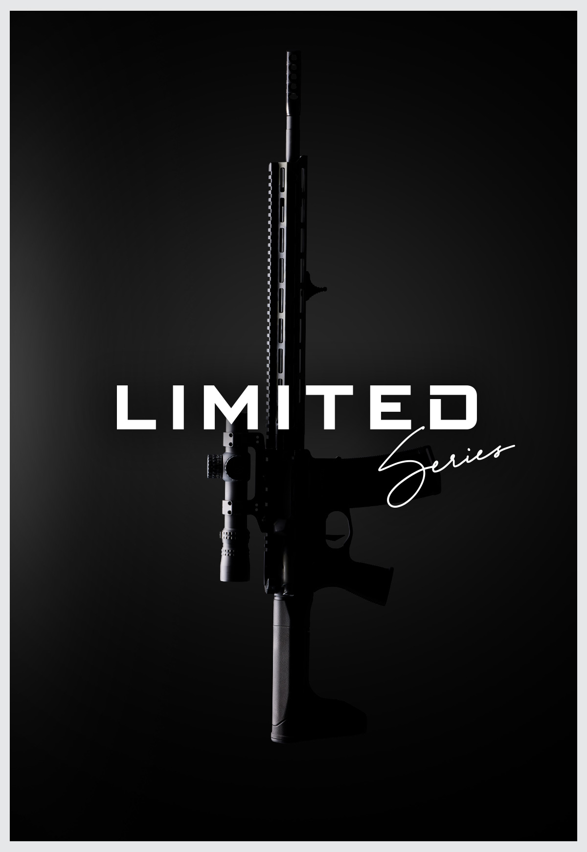 A silhouette of a rifle on a black background with the limited series logo overlaid.
