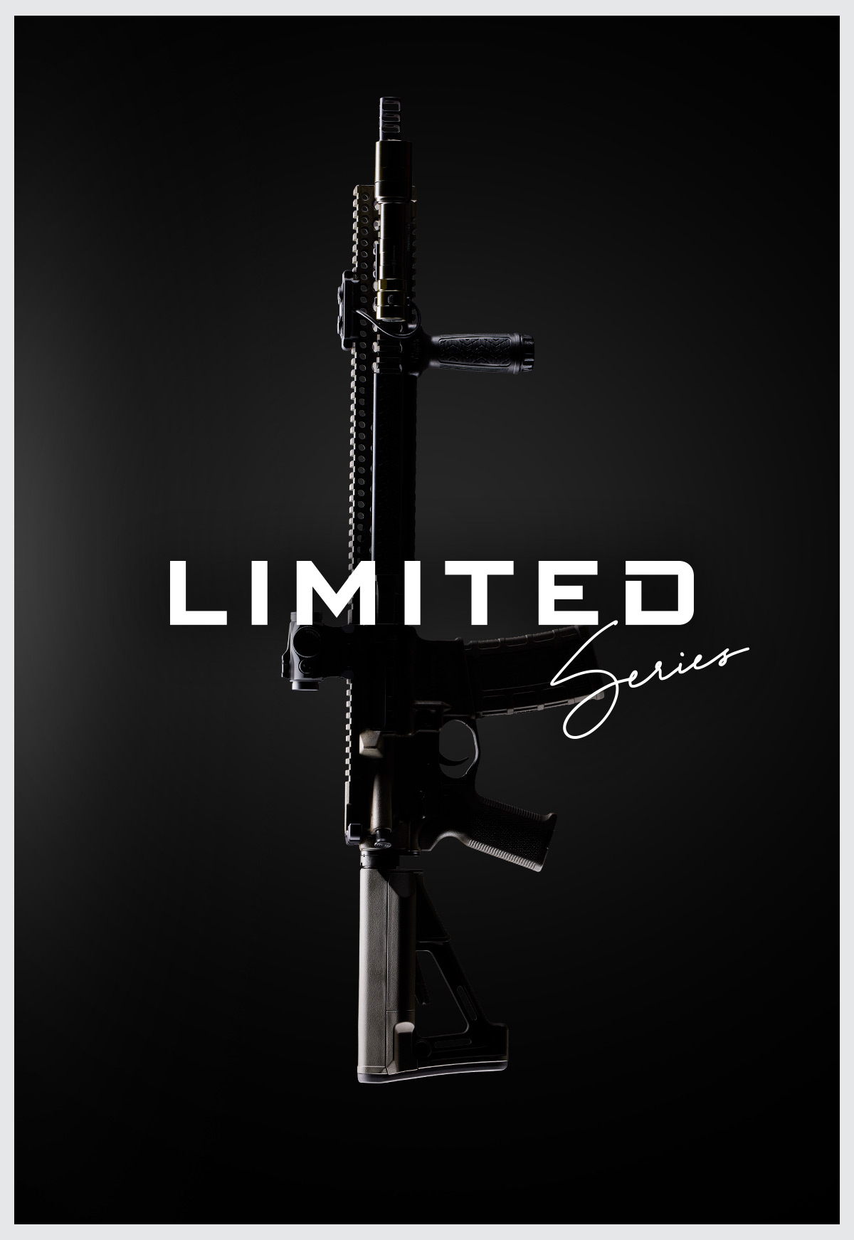 A silhouette of a rifle on a black background with the limited series logo overlaid.