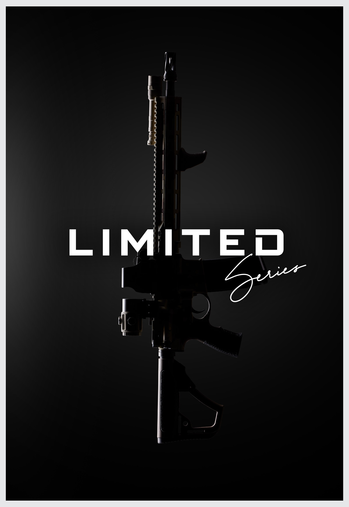 A silhouette of a rifle on a black background with the limited series logo overlaid.