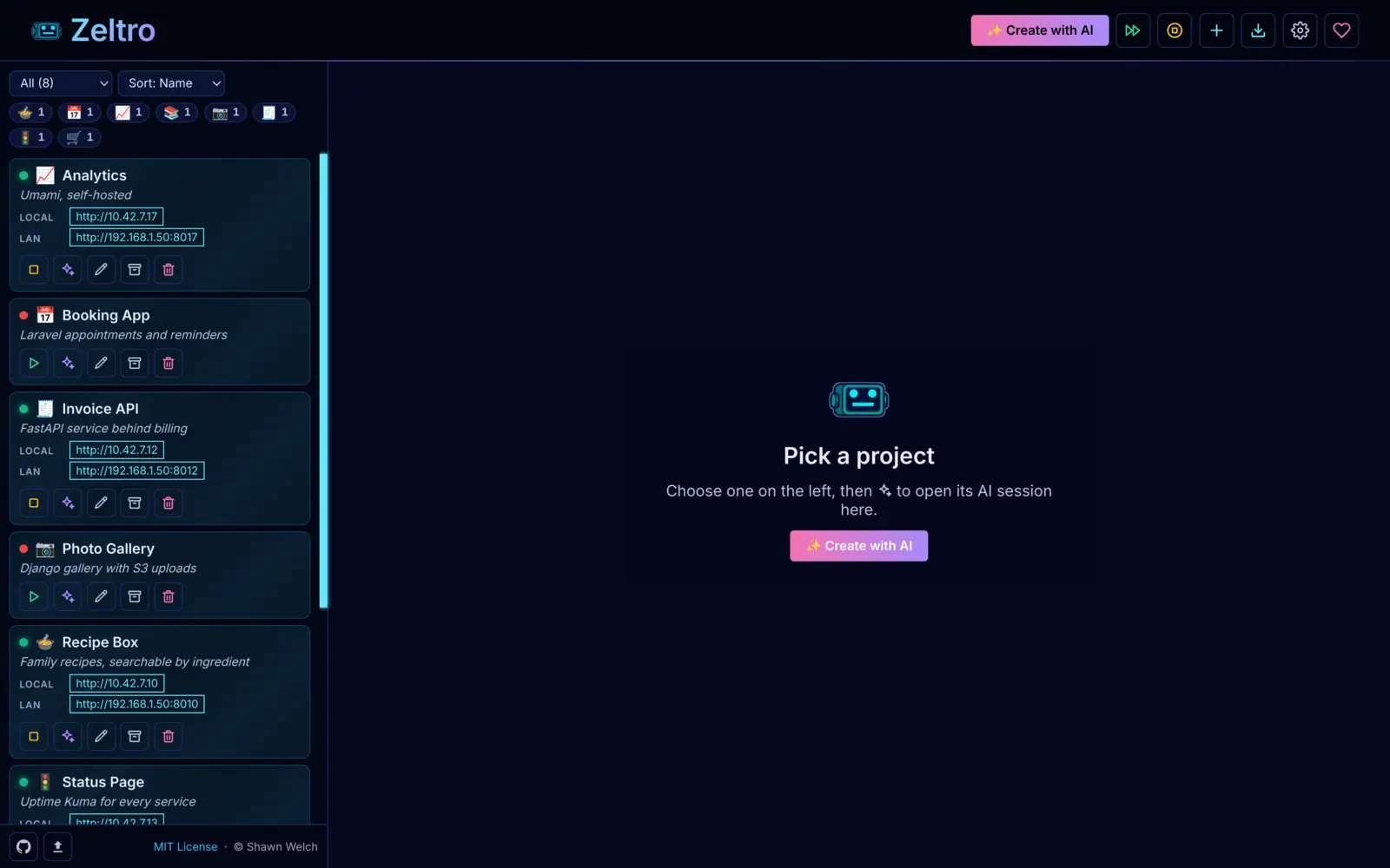Every project in one sidebar, with running lights, addresses and one-click actions.