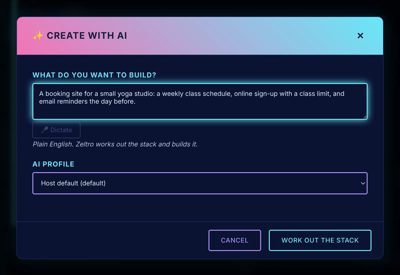 Create with AI: describe what you want in plain English.