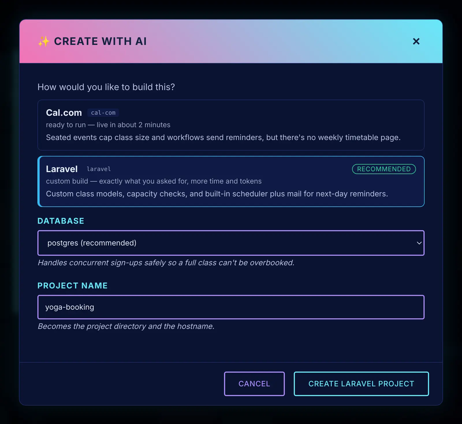 Zeltro suggests a ready-made app or a framework and database, with the reason for each.