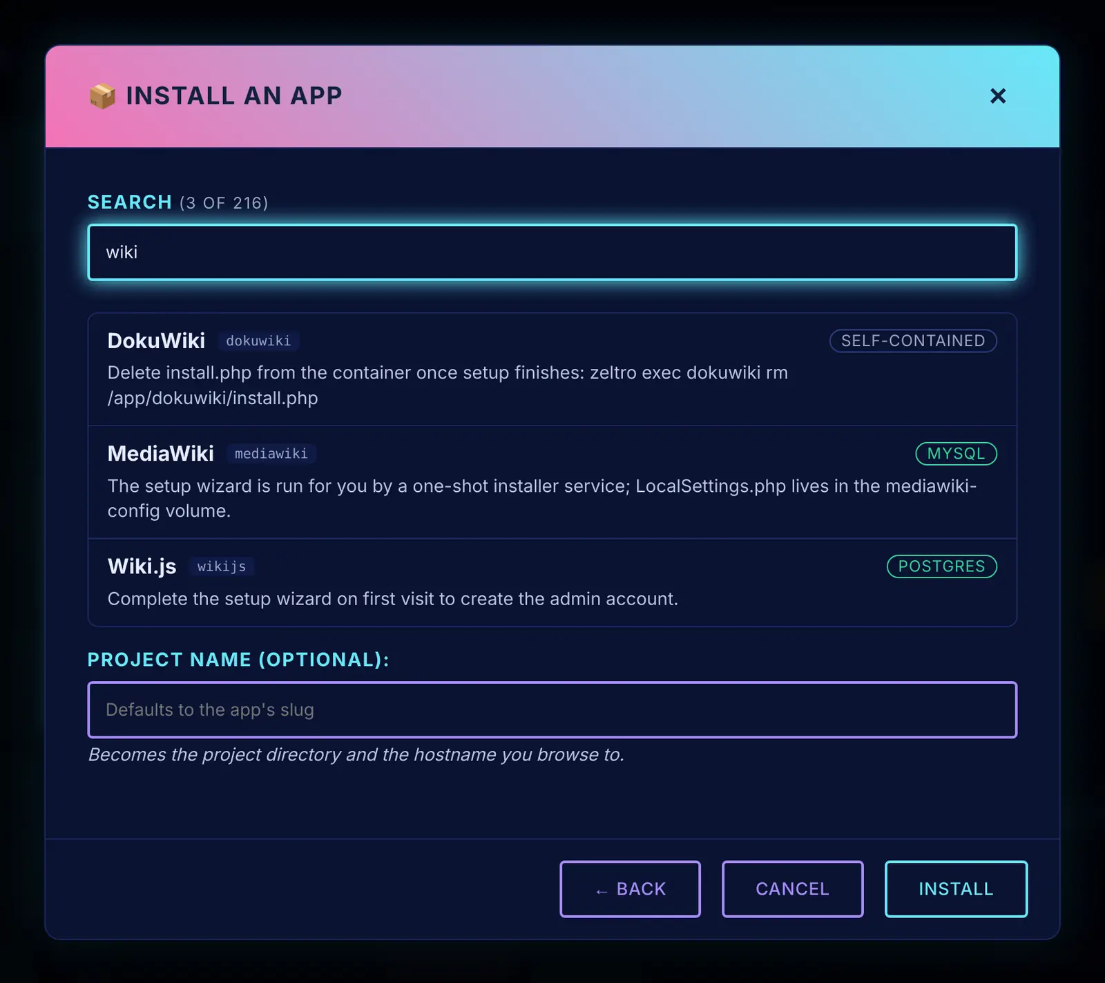 The app library: over 200 ready-made apps, searchable.