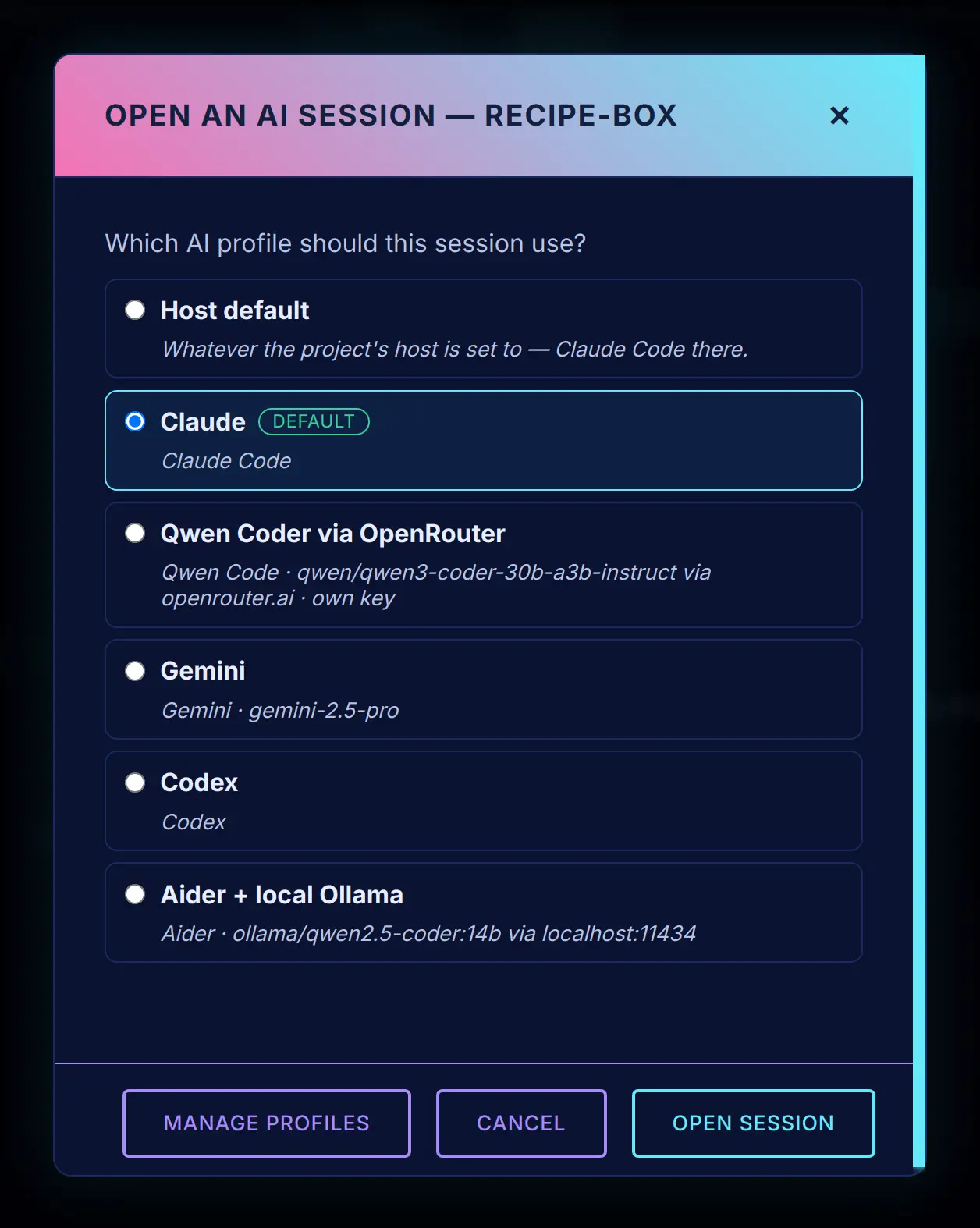 Pick which AI profile a session uses.