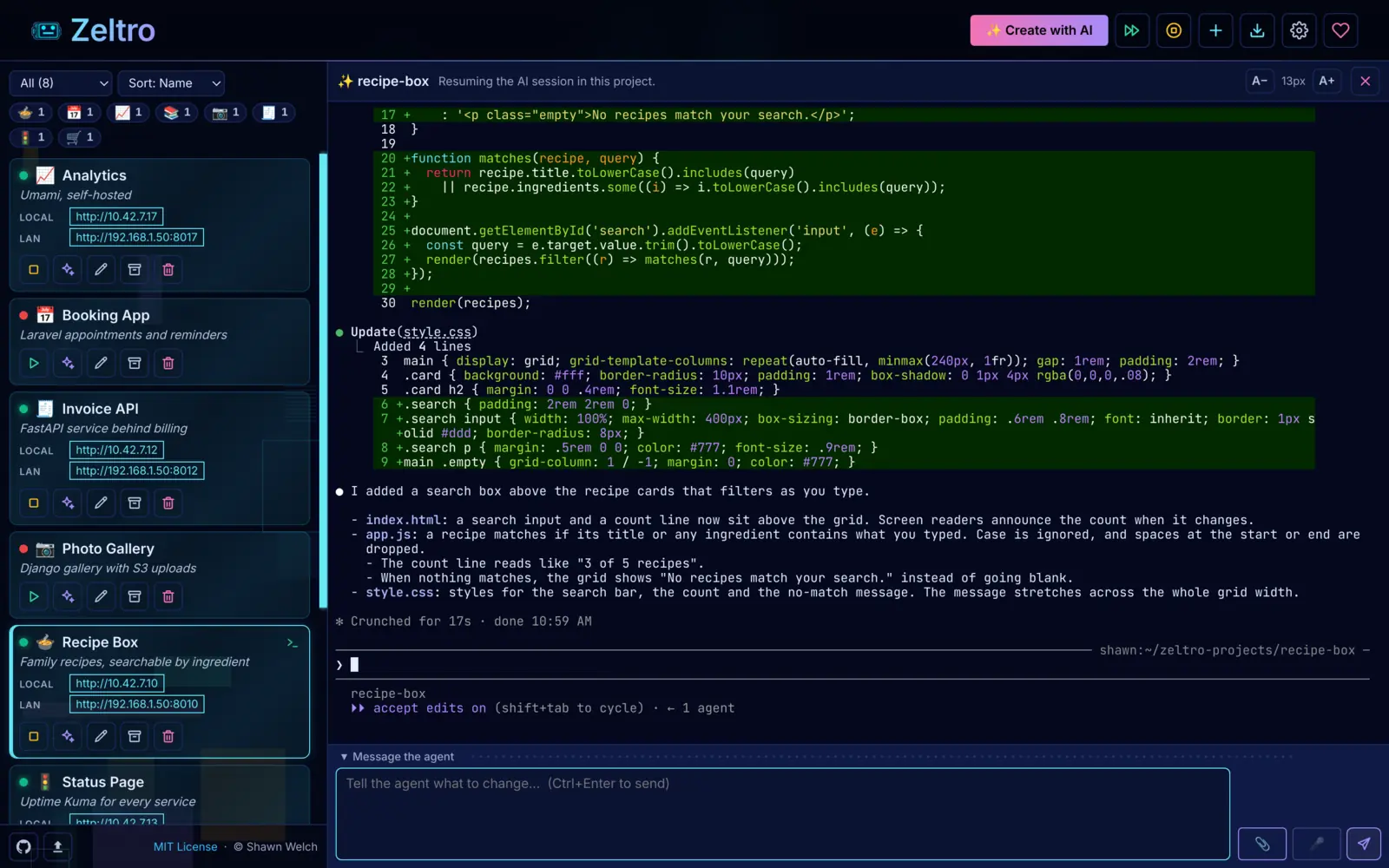 Your AI agent works in a real terminal next to your projects.