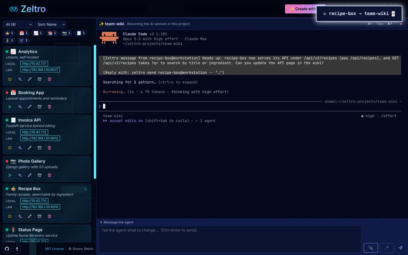 One project's agent tells another that its API moved.